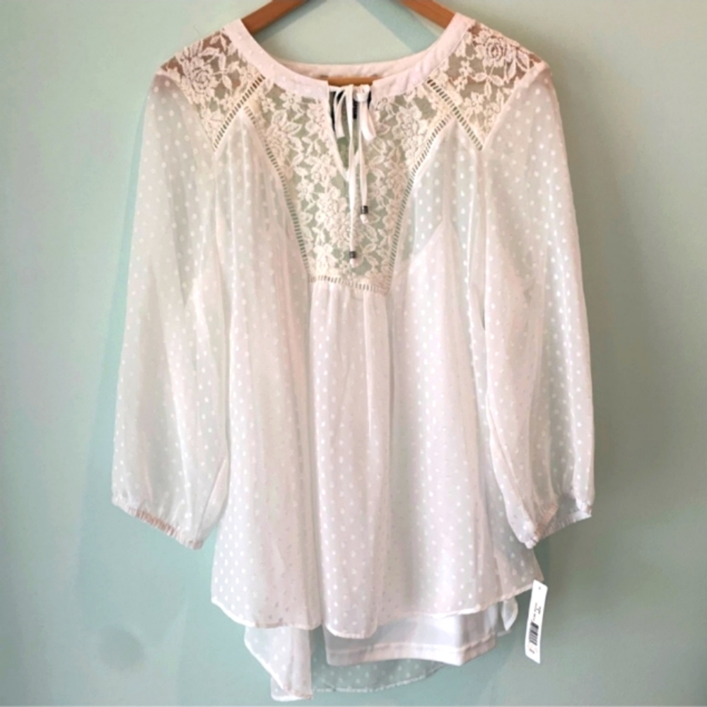 NWT New Directions White Sheer Swiss Dot Blouse Shell XL Hi Low